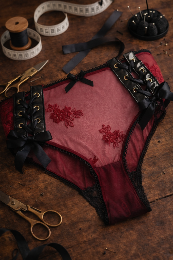 Culotte dentelle bordeaux effet corset – Lingerie gothique chic – Culotte transparente lacée – Sous-vêtement sensuel élégant